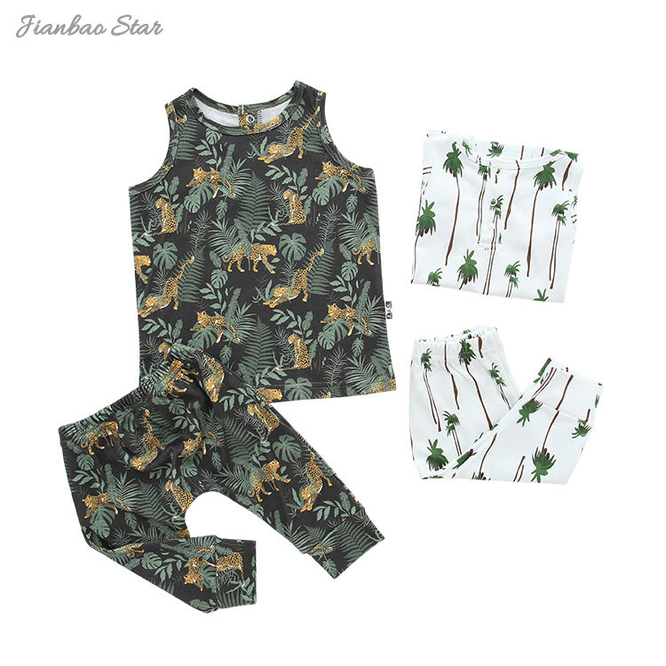 New Pattern Design of Summer Sleeveless Bamboo Baby Clothing Set With Tops and long Pants OEM 2PCS Unisex Outfits