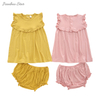 Short Sleeve Ruffle Pajamas Set with Bloomer Summer Casual Style Outfits Bamboo Cotton Fabric Baby Girls 2PCS Clothing Set