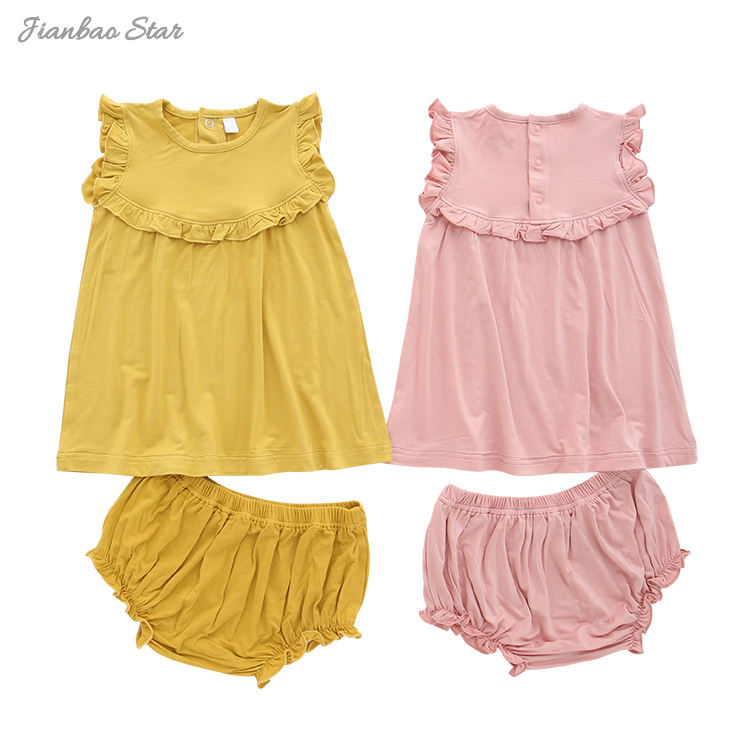 Short Sleeve Ruffle Pajamas Set with Bloomer Summer Casual Style Outfits Bamboo Cotton Fabric Baby Girls 2PCS Clothing Set