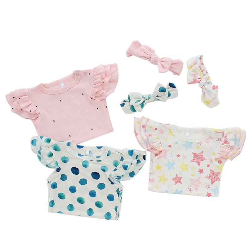 Children Baby Clothes Set Short Ruffles Sleeve Baby Girl's Romper OEM Summer Causal Kids Baby Suits With Lovely Headband