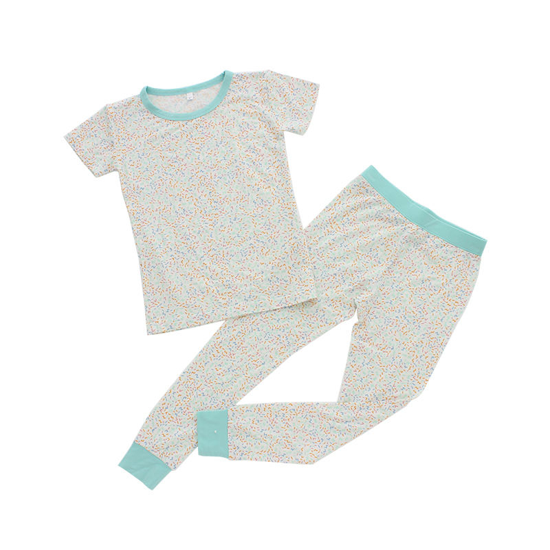 Toddler baby kids clothing two piece set short sleeve top and Long pants custom design solid color kids pajamas set