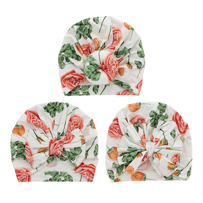 Lovely Baby Hats Bamboo Fabric Sweet Flora Pattern Muslim Facial Decoration Custom Accessories of Baby Romper Set