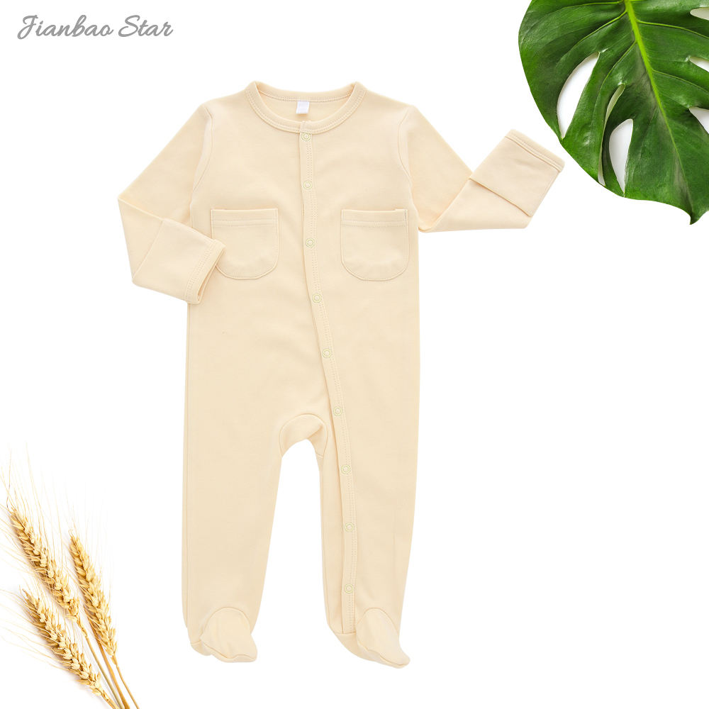 New Design 100% Cotton Custom Solid Color Long Sleeved Pocked Pajamas Buttons New Born Baby Romper Baby Clothing