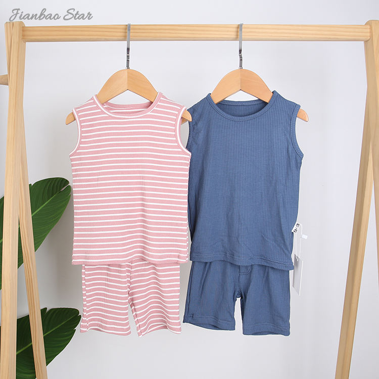 Hot Sale Bamboo & Spandex Knitted Summer Sleeveless Baby Clothing Set From Factory Wholesale 2 PCS Unisex Outfits
