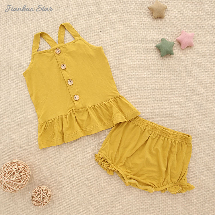 Factory Hot Sale High Quality 100% Cotton Breathable Ruffles Sleeveless Buttons Suit Set Condole Belt Baby Clothes