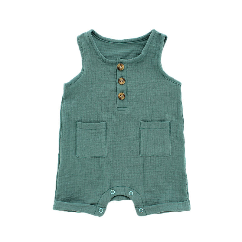 New Design Top Sale 100% Cotton Fashion Comfortable Pocket Buttons Sleeveless Unisex Newborn Baby Clothes Baby Rompers