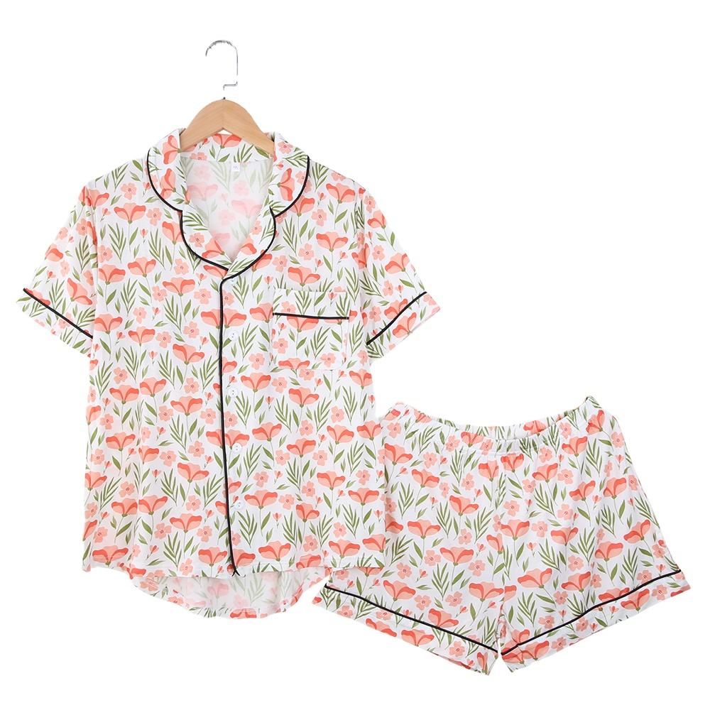 OEM Customized Mommy Girl Women Pajamas Turn-down Collar Set Summer Short Sleeve Tops Shorts Set Sleeping Clothes
