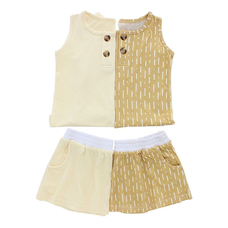 Baby Sleeveless Tops And Short Dress 2PCS Clothing Sets Bamboo And Spandex Knitted With Opening Button Design