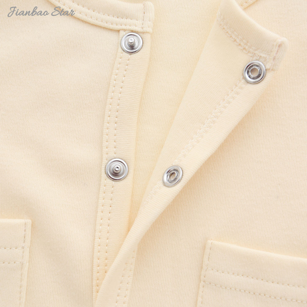 New Design 100% Cotton Custom Solid Color Long Sleeved Pocked Pajamas Buttons New Born Baby Romper Baby Clothing