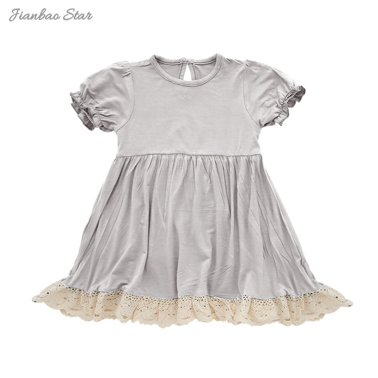 New Design Short Sleeve Baby Clothing Soft Custom High Quaintly Bamboo Lace Edge Infant Outfit Solid Color Baby Dress