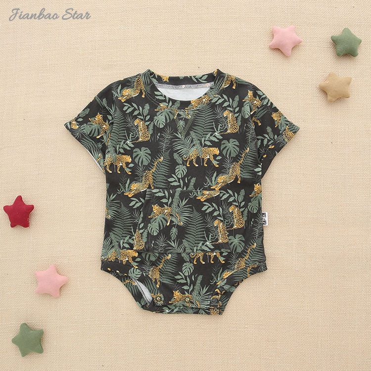 Summer Wholesale Baby Rompers Folded Sleeve With Snap Button Custom Printed Pattern Unisex Baby Jumpsuit