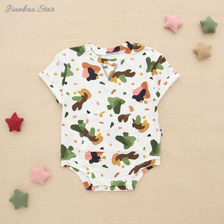 Summer Wholesale Baby Rompers Folded Sleeve With Snap Button Custom Printed Pattern Unisex Baby Jumpsuit