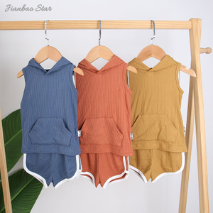 New Design Outfits Solid Colors High Quality Baby Clothes Set Ribed Bamboo Sleeveless Unisex Hoodies And Short Pants