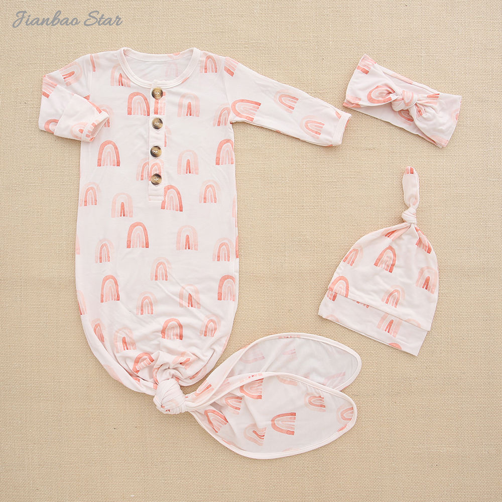 Newborn Baby 0-2Y Full Season Envelope Collar Plain Print Sleeping Sack Hat Headband Sleep Bag Sets Baby Gown