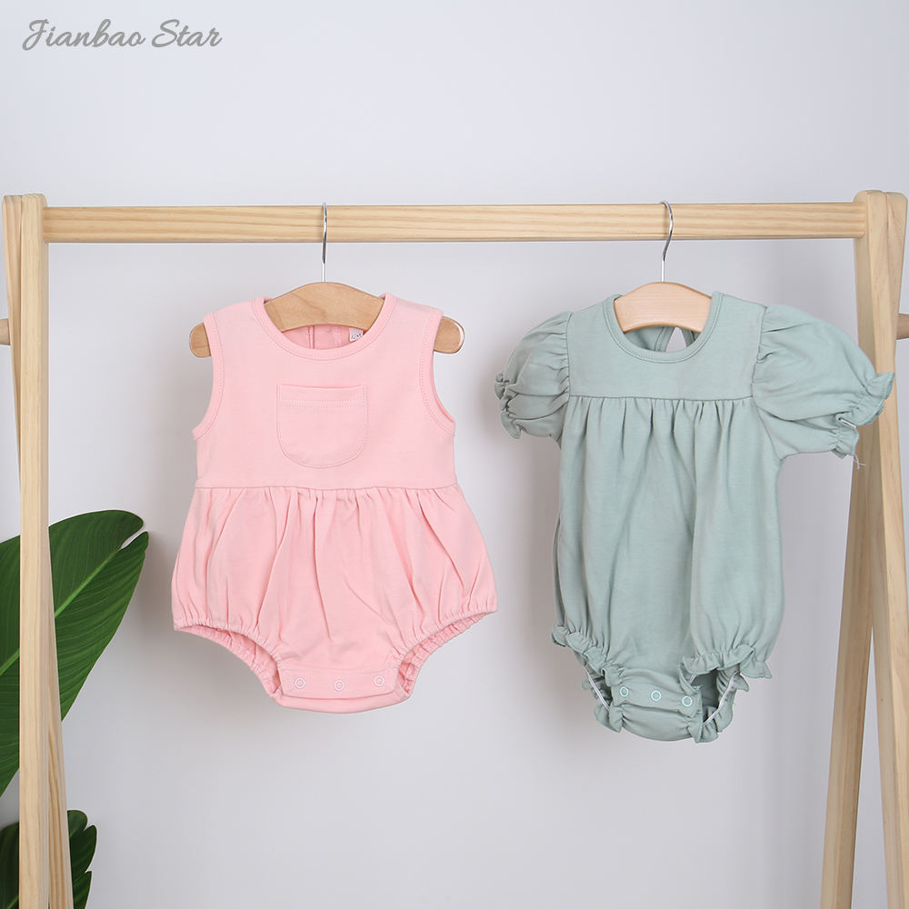 Summer Style Baby Girls Romper Bamboo Spandex Organic Cotton Fabric Sleeveless Solid Color Customize Print Baby Romper Set