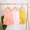 Factory Hot Sale High Quality 100% Cotton Breathable Ruffles Sleeveless Buttons Suit Set Condole Belt Baby Clothes