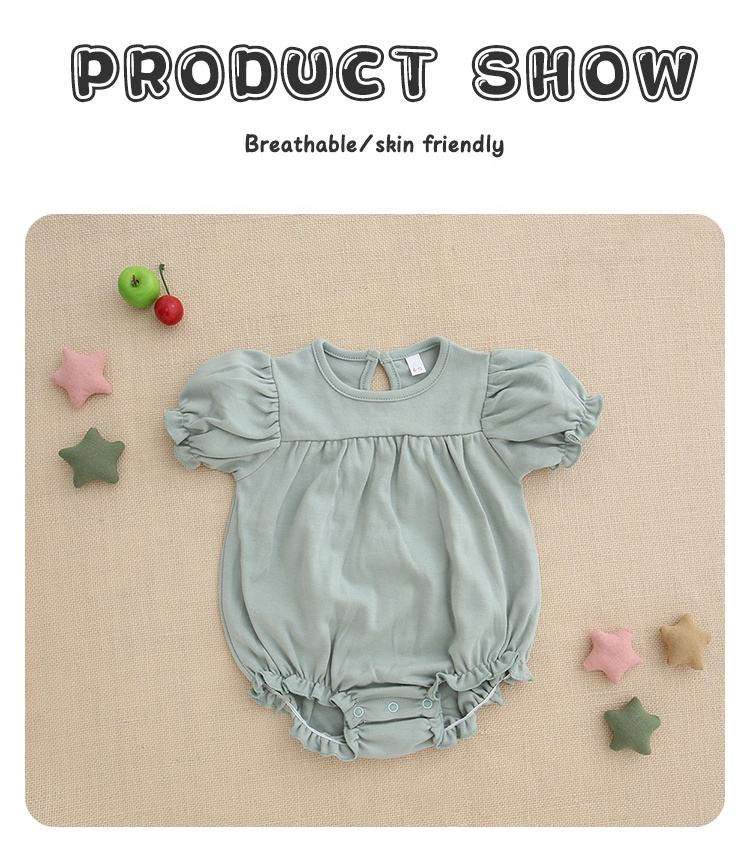 Fashionable Wholesale Infant Baby Girl Clothes Summer Bamboo Cotton Ruffle Sleeve Romper Solid Color Dress Bodysuit Clothes