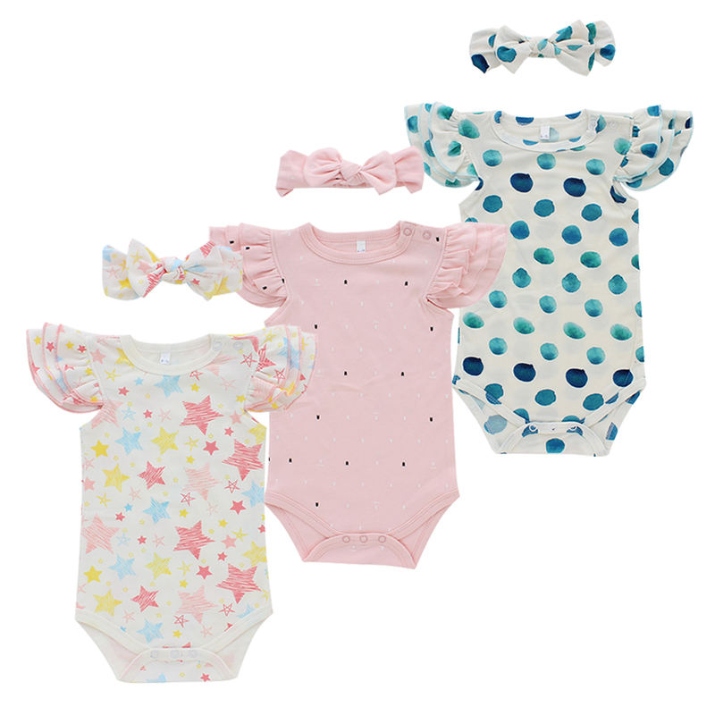 Children Baby Clothes Set Short Ruffles Sleeve Baby Girl's Romper OEM Summer Causal Kids Baby Suits With Lovely Headband