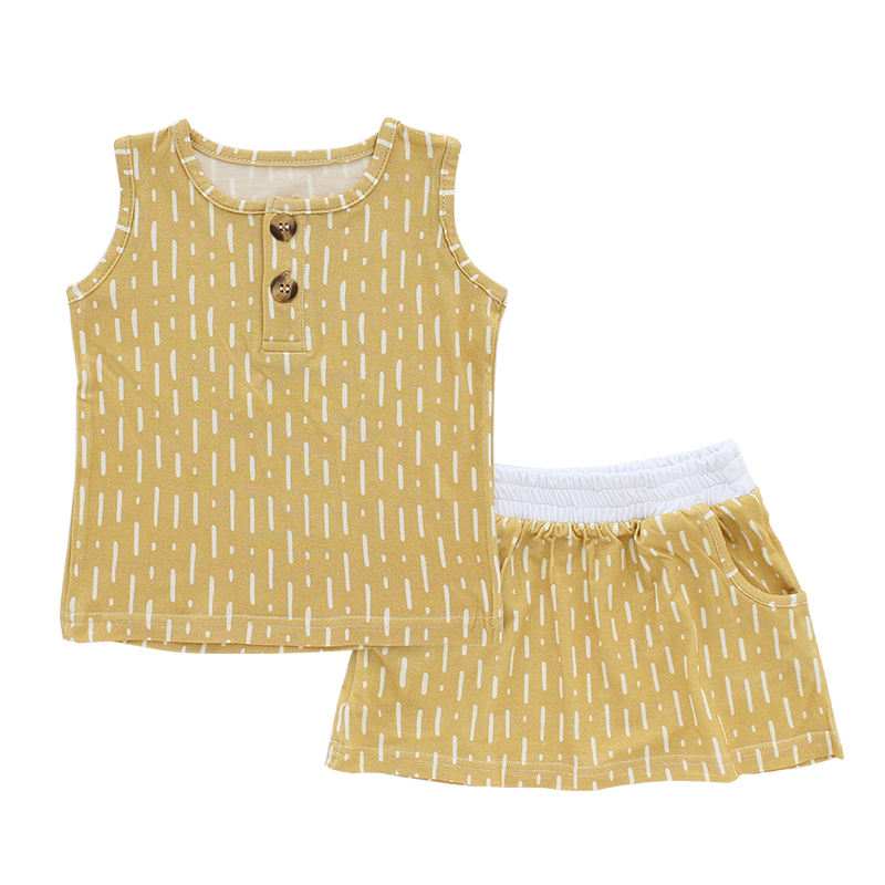 Baby Sleeveless Tops And Short Dress 2PCS Clothing Sets Bamboo And Spandex Knitted With Opening Button Design