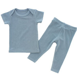 100% Cotton Knitted Autumn Baby Outfit Short Sleeve Tops And Long Pants 2PCS Solid Color Unisex Baby Clothing Sets