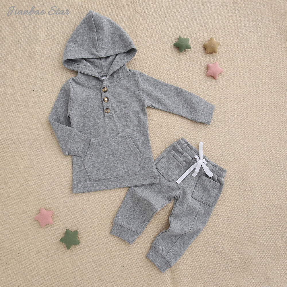 Classic Grey Wholesale Spring Autumn Solid Color Long Sleeve Hooded And Pant Unisex Baby Two Pieces Clothes Set