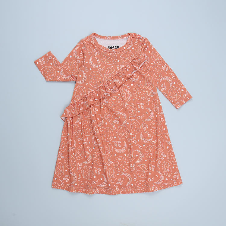 Winter Style Ruffle Design Lovely Print Baby Toddler Kids Long Sleeves Dress Little Baby Girl's Dress