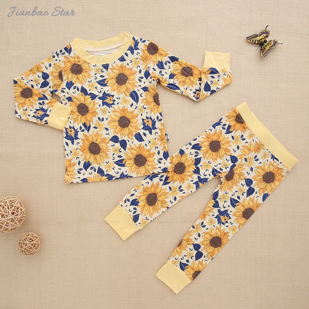 Custom Printed Designs Bamboo/Cotton Baby Pajamas Suits Set Kids Clothing Factory Eco Friendly 2 Pcs Long Sleeve Casual Baby Set