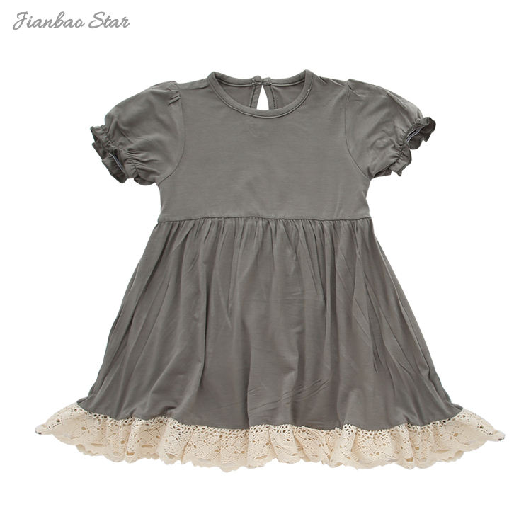 New Design Short Sleeve Baby Clothing Soft Custom High Quaintly Bamboo Lace Edge Infant Outfit Solid Color Baby Dress