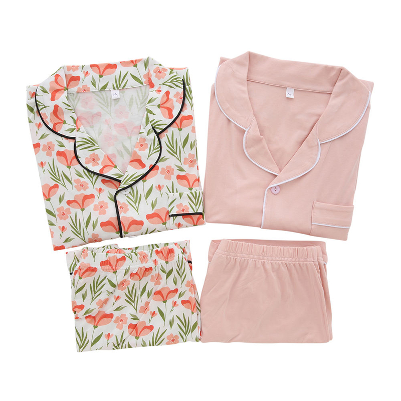 OEM Customized Mommy Girl Women Pajamas Turn-down Collar Set Summer Short Sleeve Tops Shorts Set Sleeping Clothes