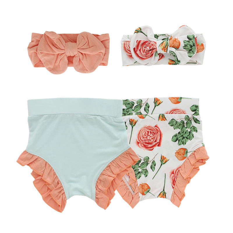 Baby Girls Ruffle Style Bloomers With Lovely Headband Customized Printed And Solid Color Design Baby Summer Shorts