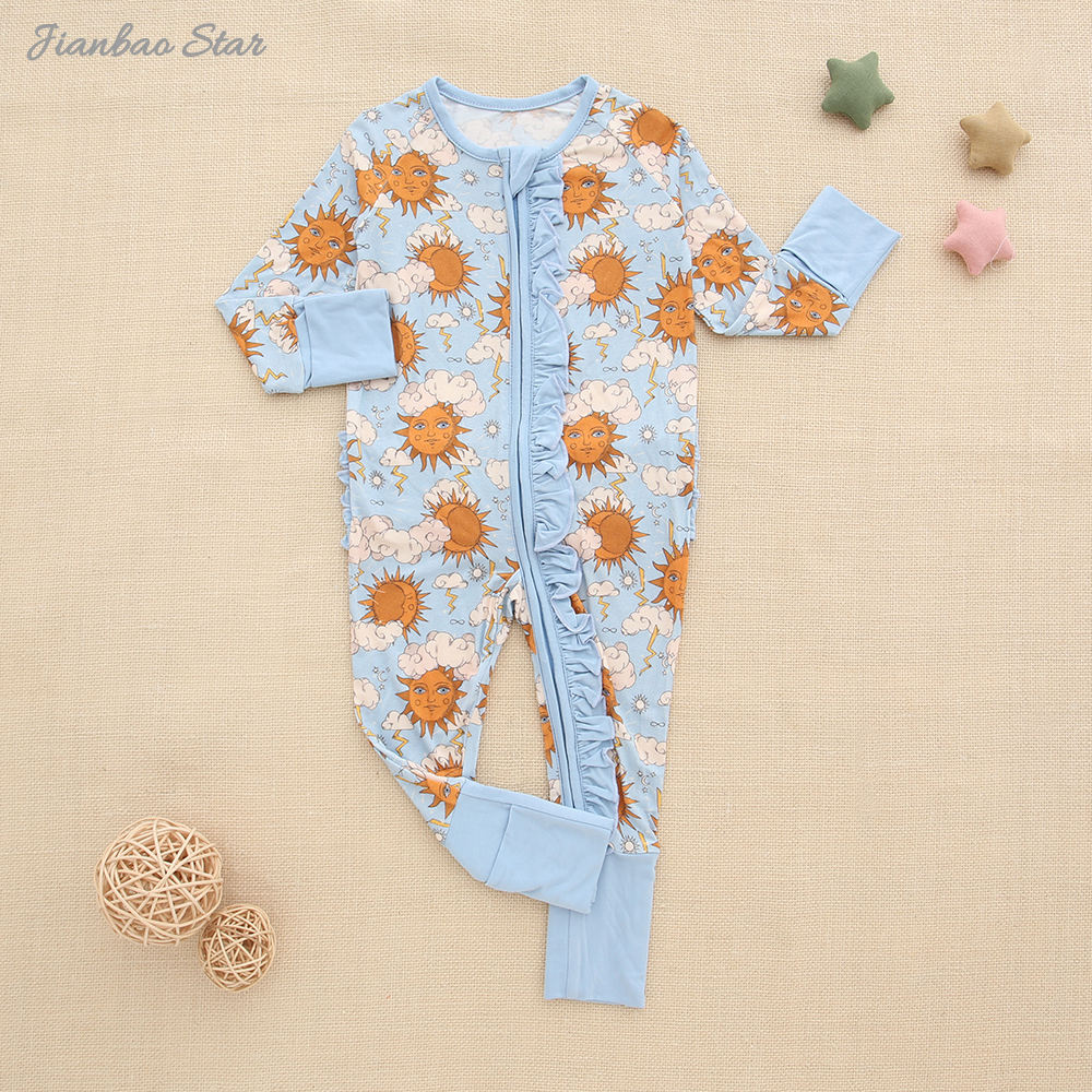 New Hot Sales Bamboo Clothes Custom Print Infant Pajamas Soft Breathable Baby Clothes Zipper Ruffle Baby Rompers