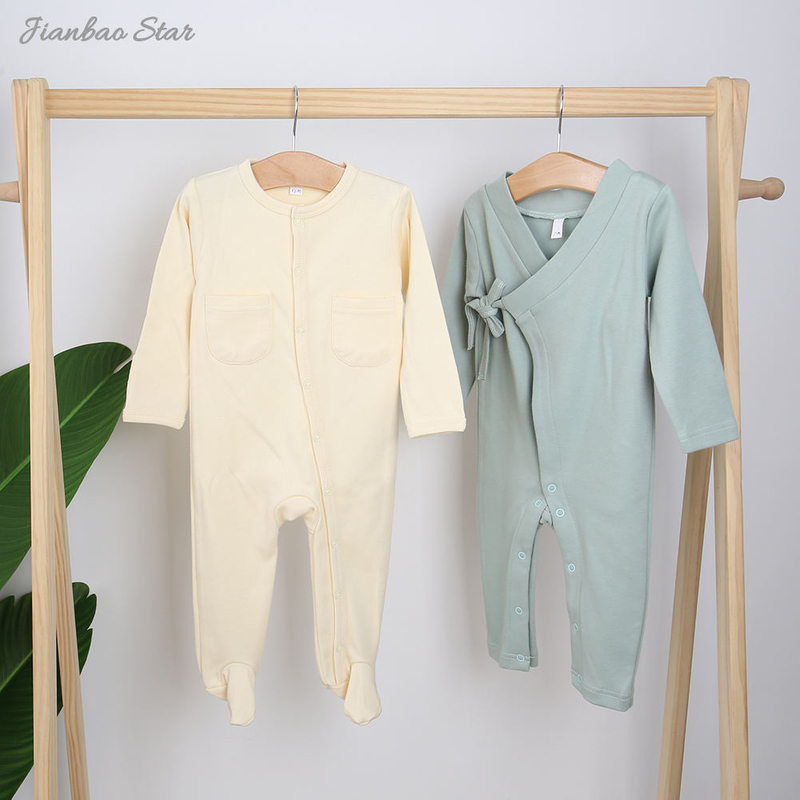 New Design 100% Cotton Custom Solid Color Long Sleeved Pocked Pajamas Buttons New Born Baby Romper Baby Clothing