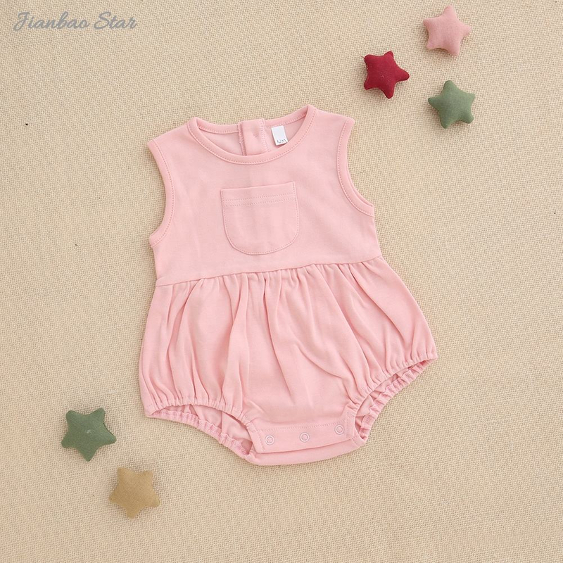 Summer Style Baby Girls Romper Bamboo Spandex Organic Cotton Fabric Sleeveless Solid Color Customize Print Baby Romper Set