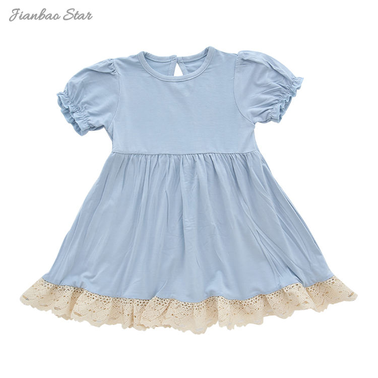 New Design Short Sleeve Baby Clothing Soft Custom High Quaintly Bamboo Lace Edge Infant Outfit Solid Color Baby Dress