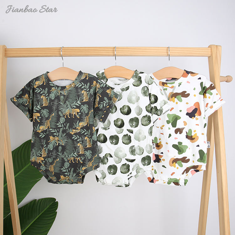 Summer Wholesale Baby Rompers Folded Sleeve With Snap Button Custom Printed Pattern Unisex Baby Jumpsuit