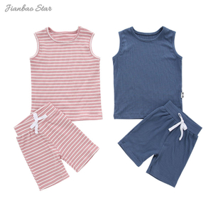 Hot Sale High Quality Comfortable Wholesale 100% Cotton New Design Strip-type Summer Sleeveless Suit Set Unisex Baby Clothes
