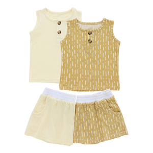 Baby Sleeveless Tops And Short Dress 2PCS Clothing Sets Bamboo And Spandex Knitted With Opening Button Design